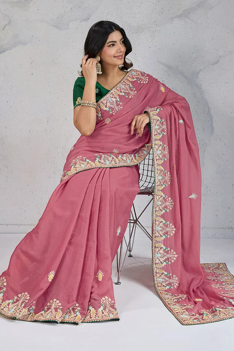Elegant Pink Embroidered Saree with Green Blouse – Festive & Party Wear