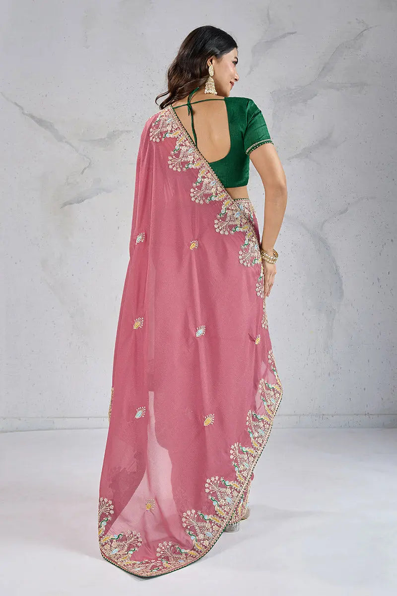 Elegant Pink Embroidered Saree with Green Blouse – Festive & Party Wear