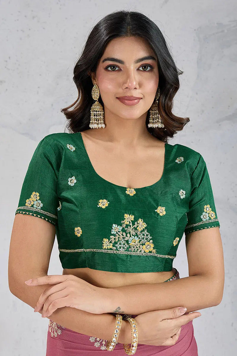 Elegant Pink Embroidered Saree with Green Blouse – Festive & Party Wear
