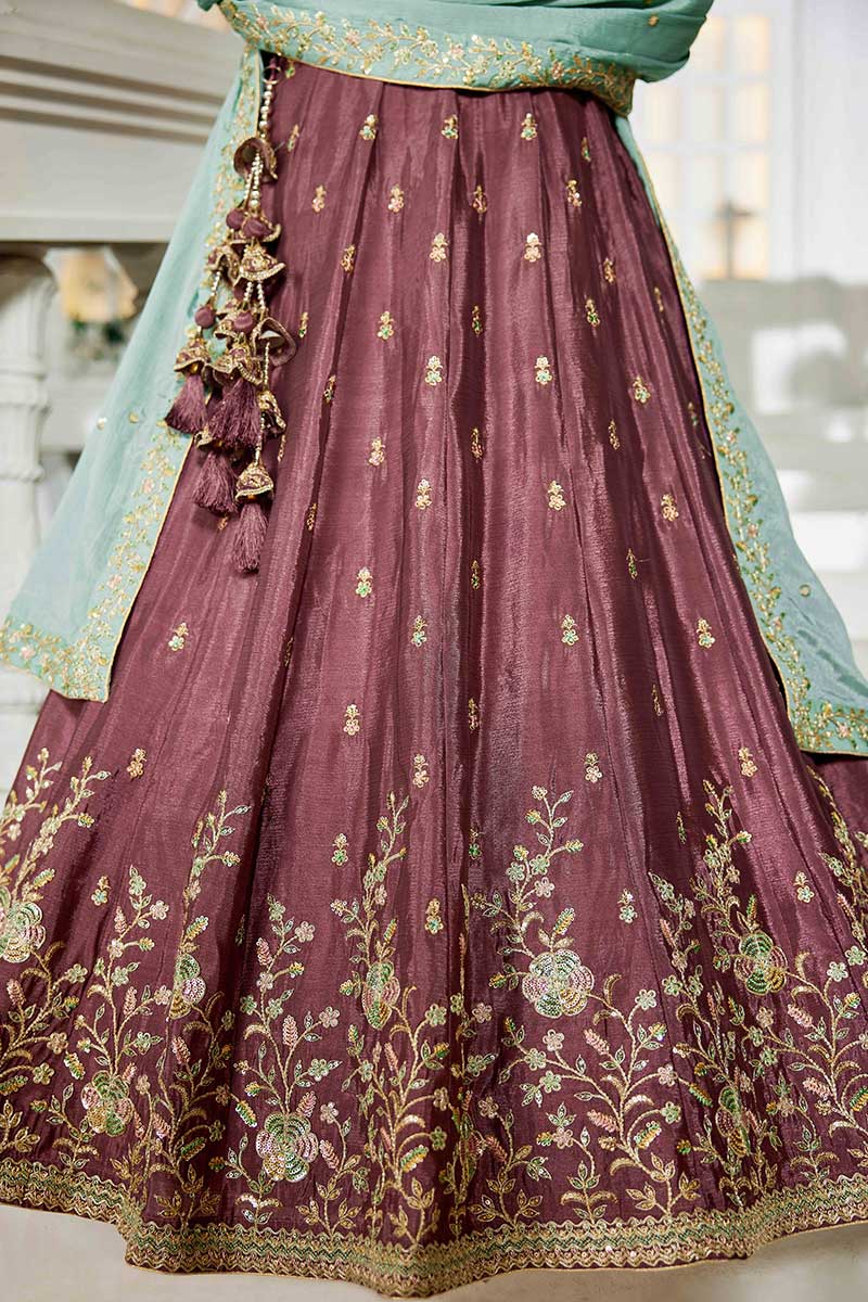 Elegant Rose Gold Embroidered Lehenga with Sky Blue Dupatta – Festive & Wedding Wear