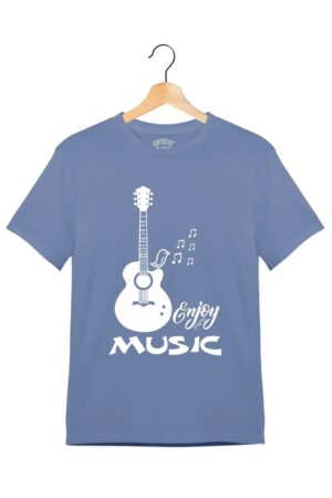 "Enjoy Music" - Juniors Unisex T-Shirt – Premium Round Neck - Pigeon Blue - 100% Cotton Offbeat