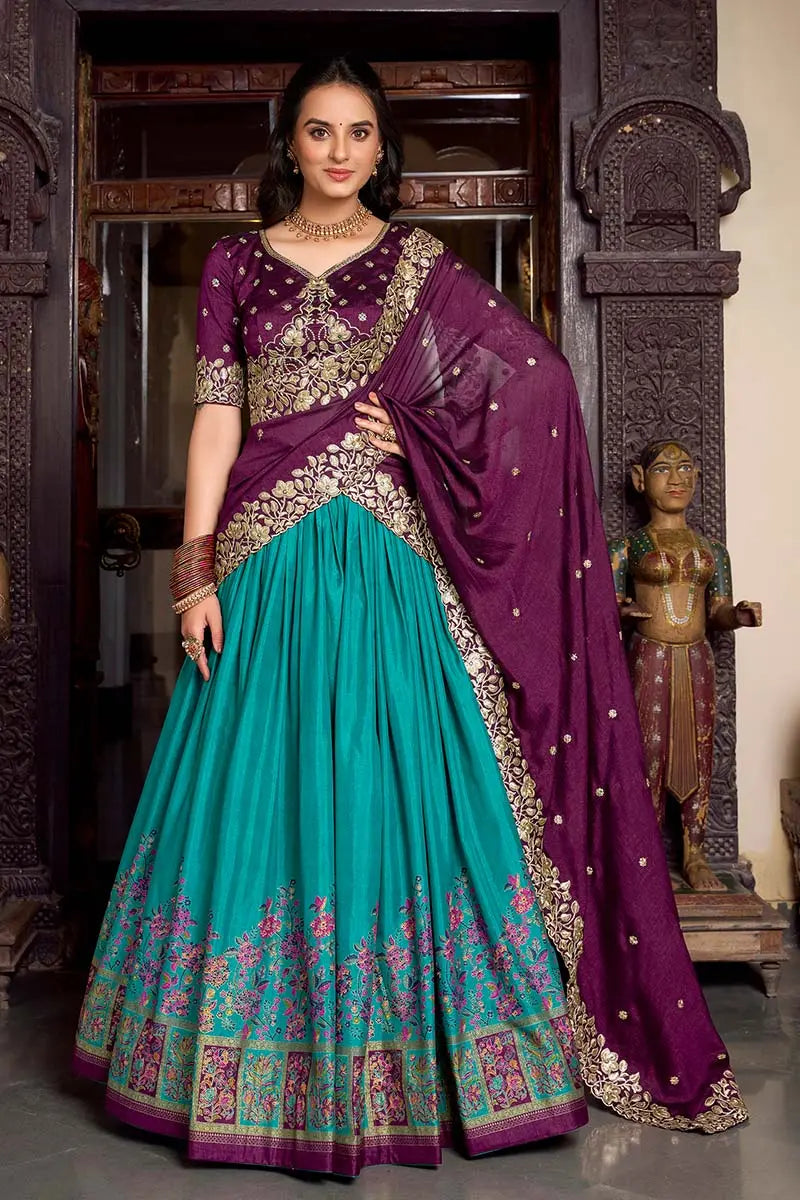 Firozi & Wine Embroidered Silk Lehenga Set with Zari Detailing RTI