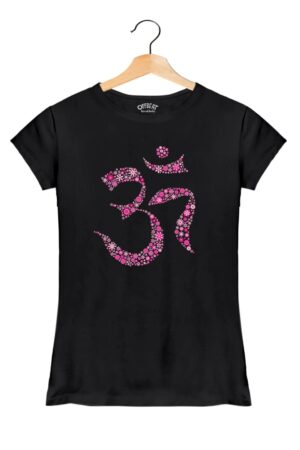 Flower Om - Women’s T-Shirt – Premium Round Neck - Black - 100% Cotton Offbeat