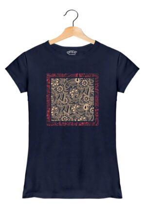 Flowers And Leaves Art - Women’s T-Shirt – Premium Round Neck - Navy Blue - 100% Cotton Offbeat