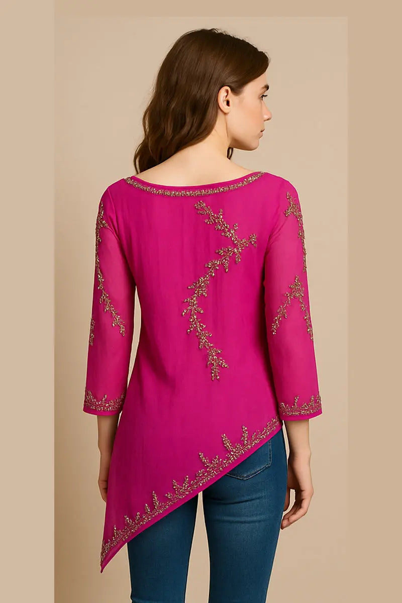 Fuchsia Embellished Georgette Tunic – Asymmetric Partywear by Indigo Ethnics
