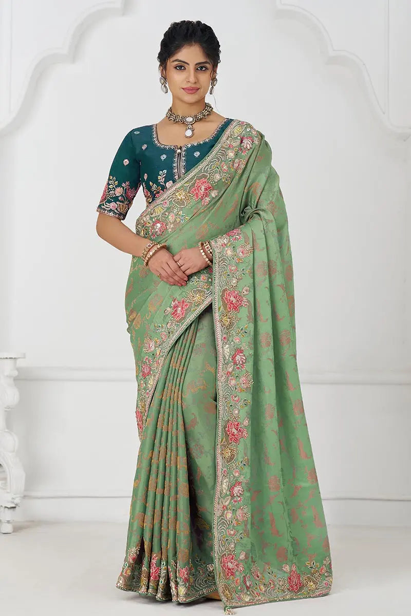 Floral Saree Elegance in Multi-Thread Embroidered Saree