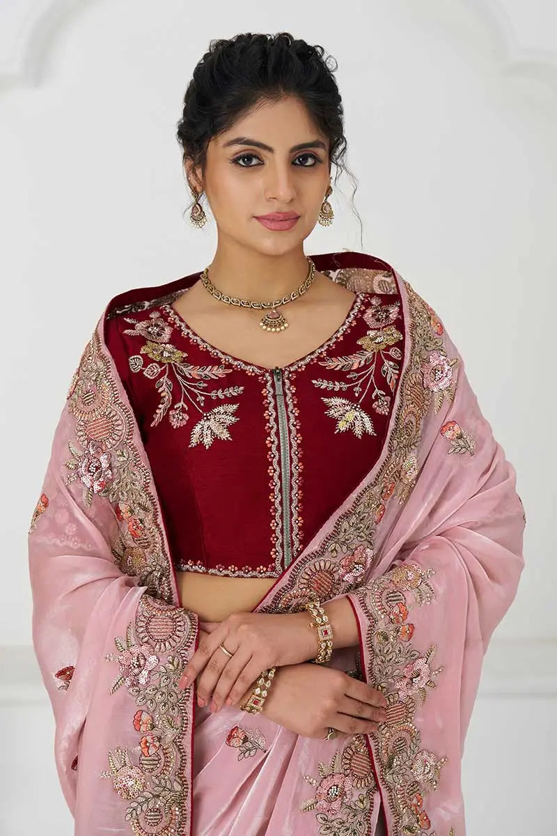 Graceful Pink Zari and Sequins on Rich Fendi Silk Saree