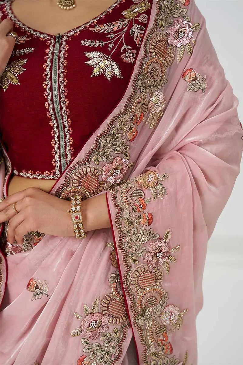 Graceful Pink Zari and Sequins on Rich Fendi Silk Saree