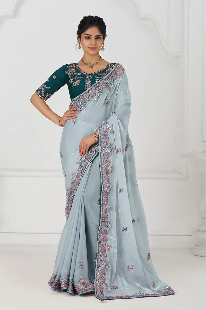 Graceful grey in Rich Silk Fendi Saree with Zari and Sparkling Sequins