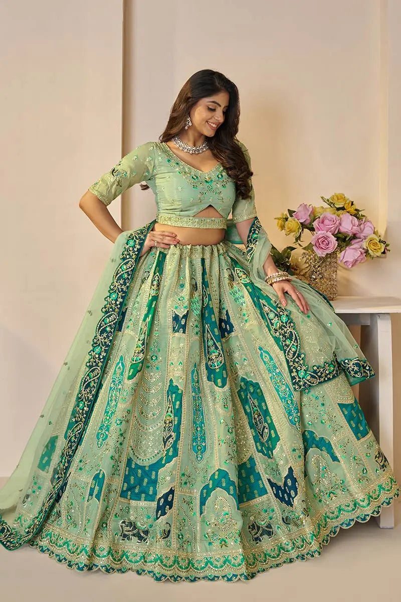 Green Banarasi Silk Lehengas with Sequin & Zari Work