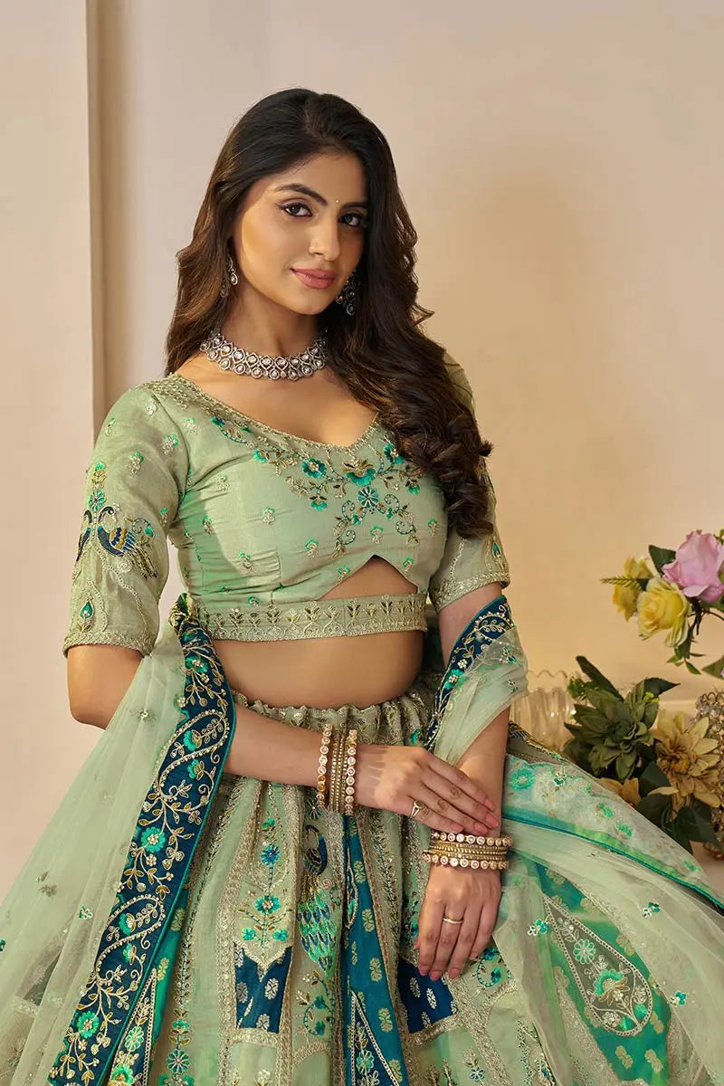 Green Banarasi Silk Lehengas with Sequin & Zari Work