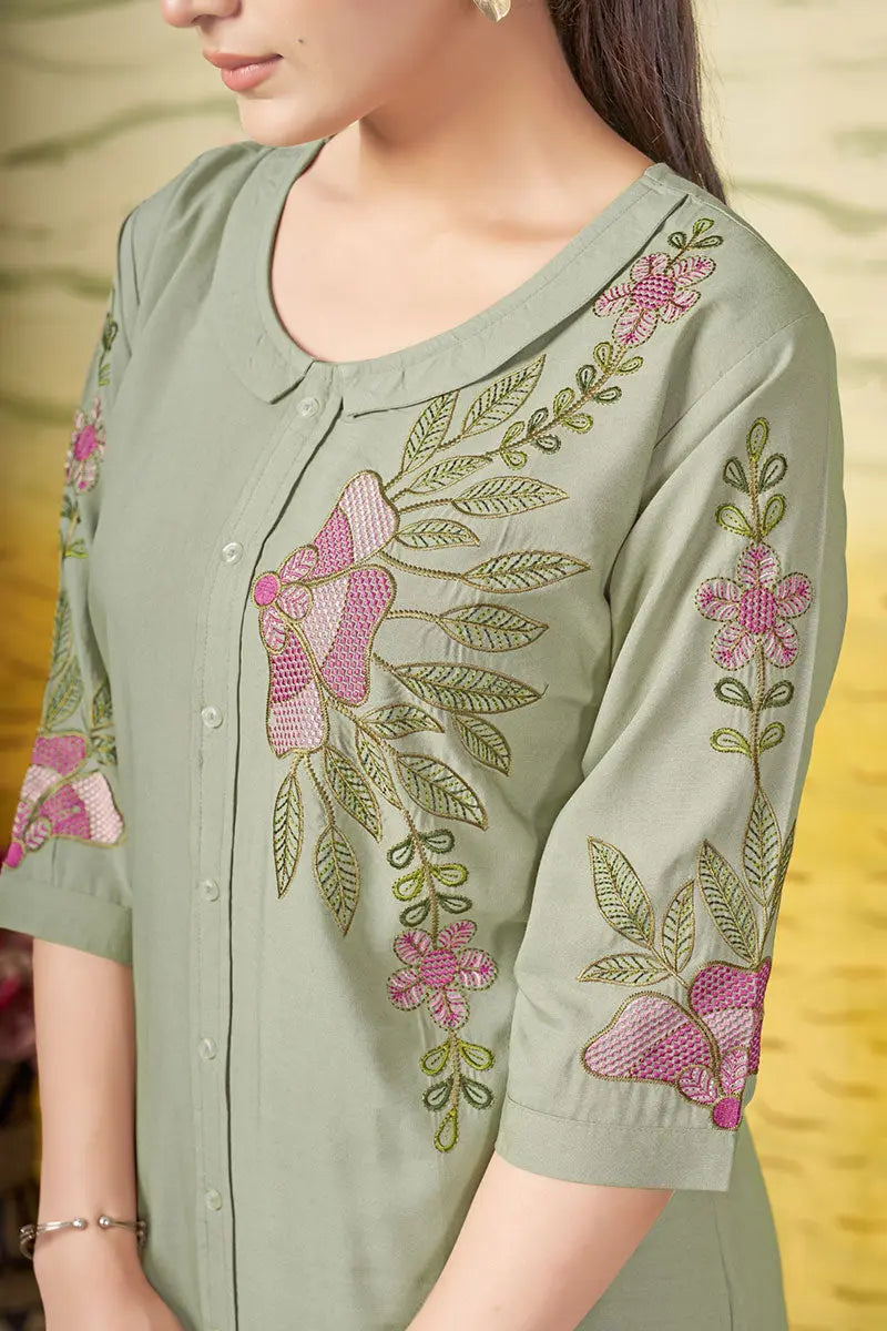 Green Floral Embroidered Co-Ord Set – Casual Chic Two-Piece