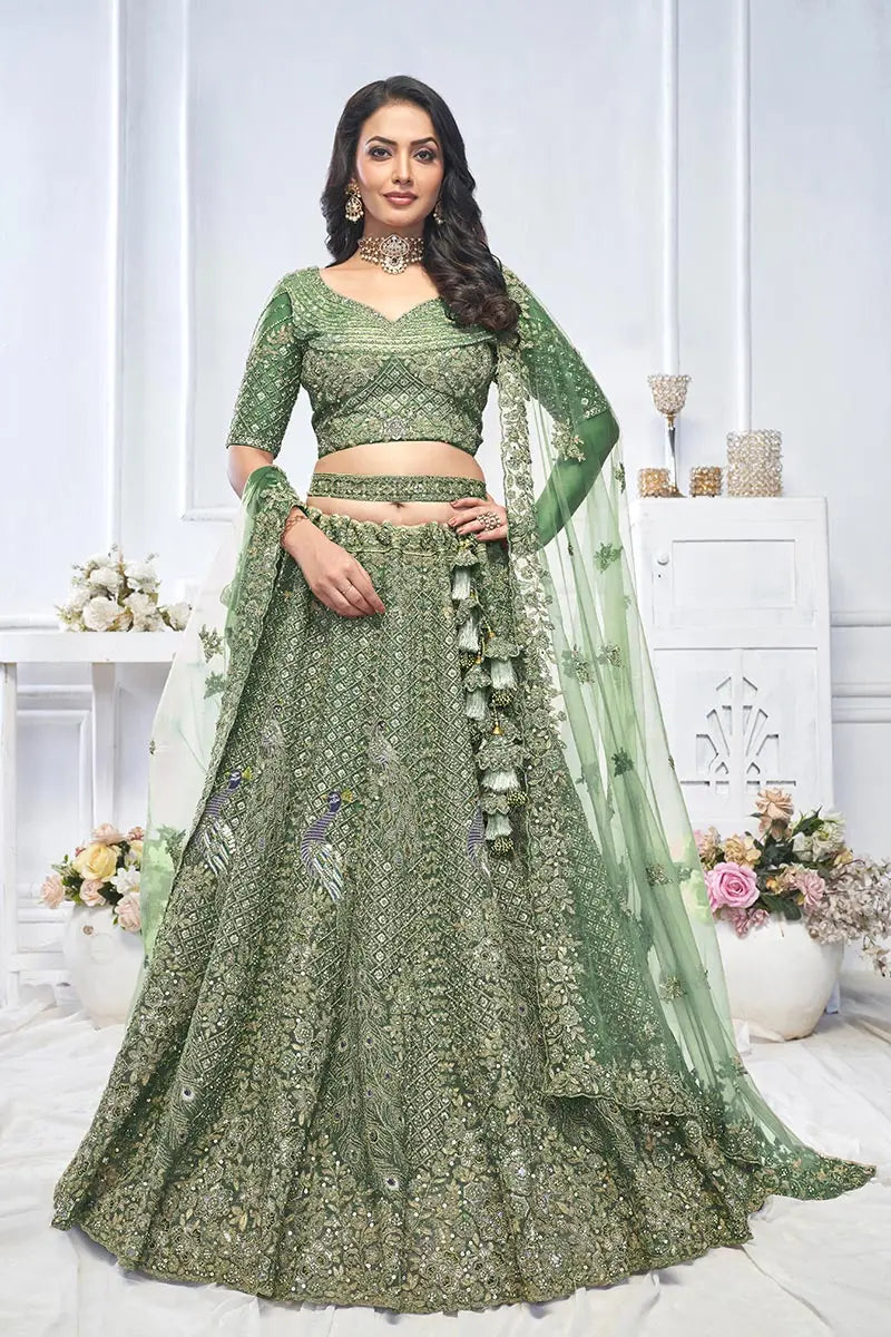Green Heavy Embroidered Bridal Lehenga with Mirror & Zari Detailing KSR