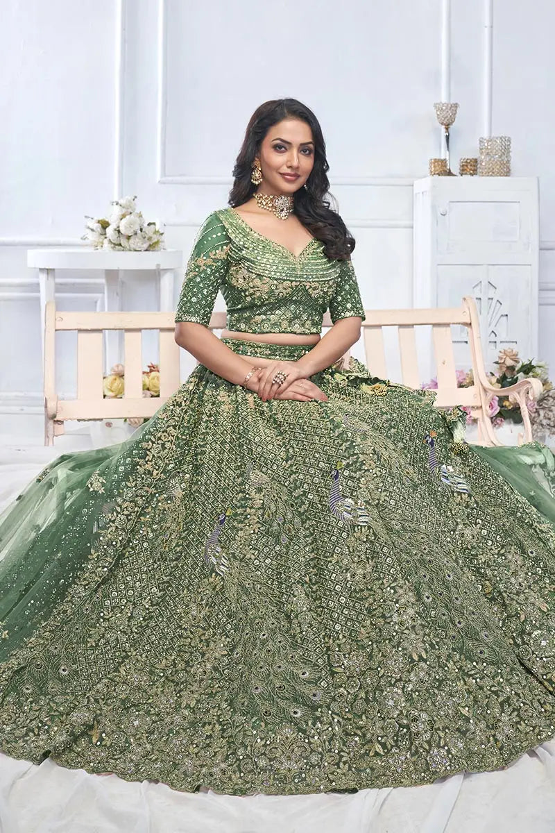 Green Heavy Embroidered Bridal Lehenga with Mirror & Zari Detailing