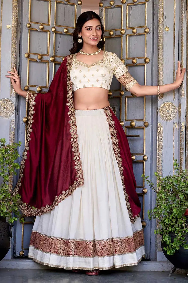 Ivory & Maroon Bridal Lehenga Choli Set with Dupatta – Classic Festive/Functionwear RTI
