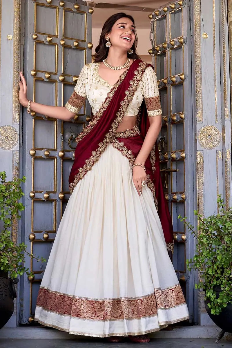 Ivory & Maroon Bridal Lehenga Choli Set with Dupatta – Classic Festive/Functionwear