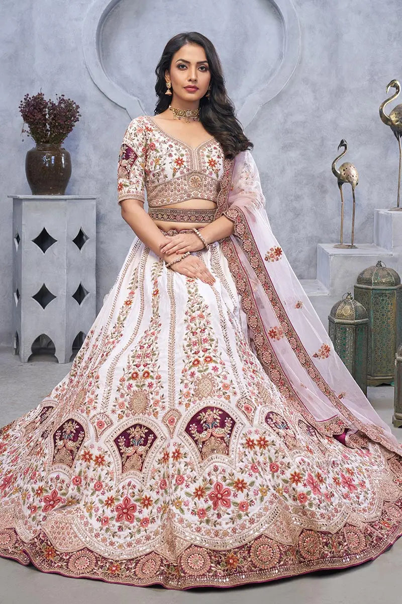 Ivory & Purple Floral Embroidered Bridal Lehenga with Heavy Zari & Sequin Work KSR