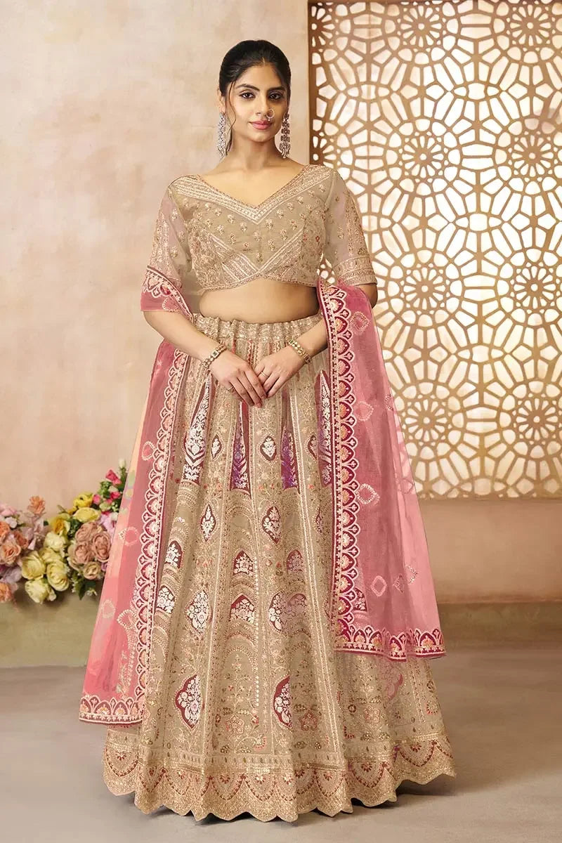 Chicken Lehenga Champagne Banarasi Aari Work Lehenga with Dupatta
