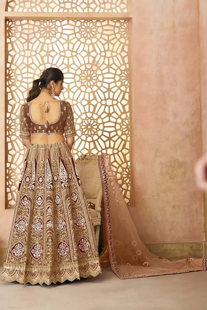 Coffee Lehenga Banarasi Aari Work Lehenga with Dupatta