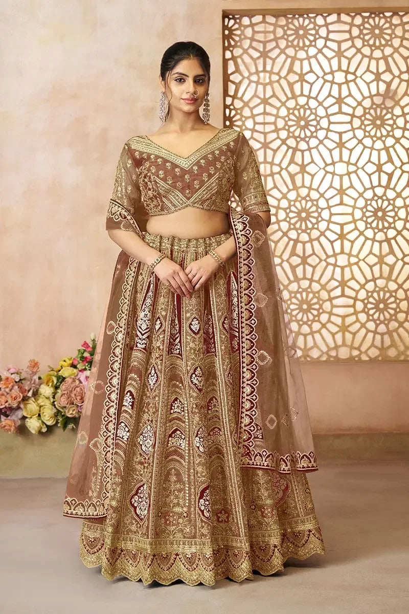 Coffee Lehenga Banarasi Aari Work Lehenga with Dupatta