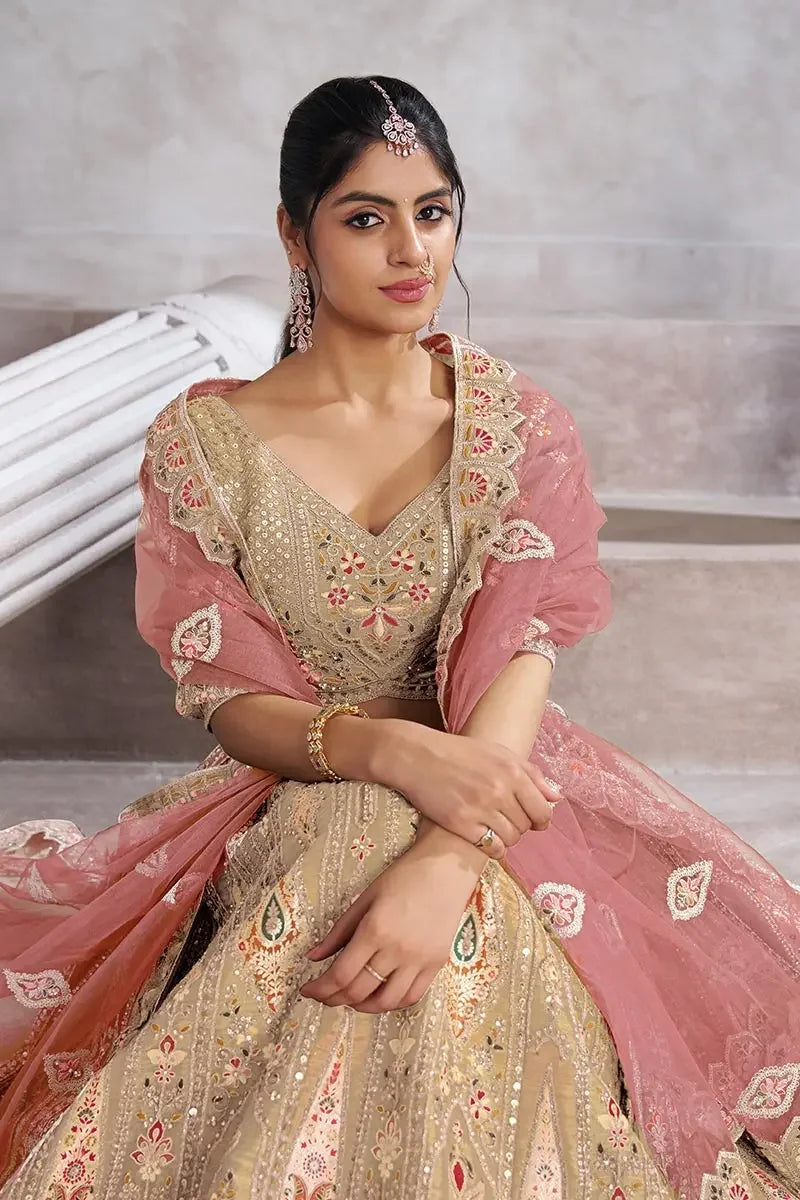Chiku Banarasi Lehenga Aari and Sequins Work Lehenga with Dupatta for Brides