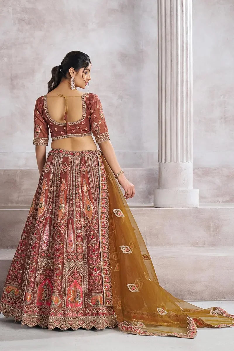 Coffee Lehenga Banarasi Aari and Sequins Work Lehenga with Dupatta for Brides
