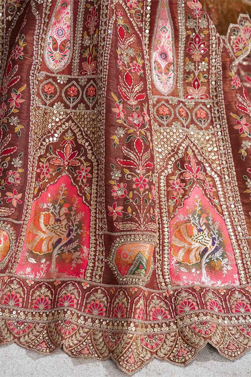 Coffee Lehenga Banarasi Aari and Sequins Work Lehenga with Dupatta for Brides