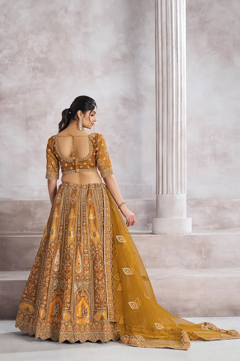 Mustard Lehenga with Aari and Sequins Work Lehenga with Dupatta for Brides