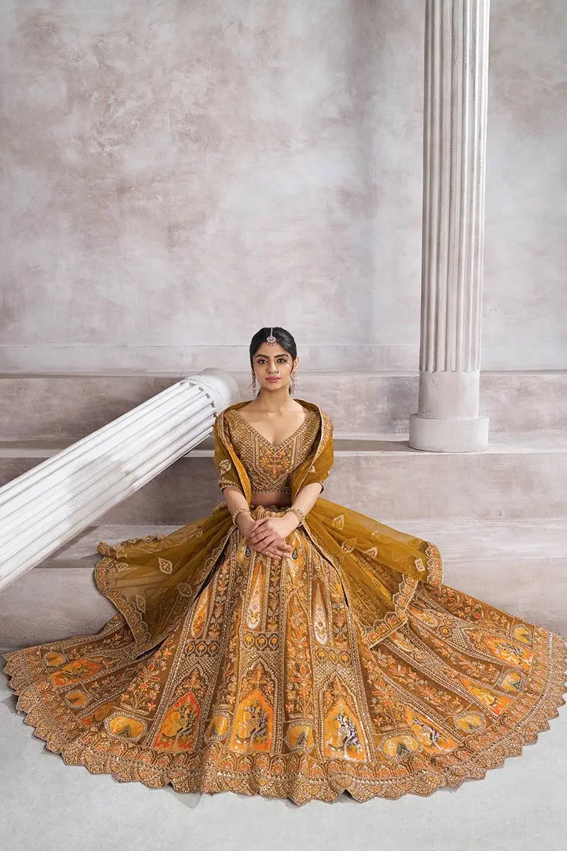 Mustard Lehenga with Aari and Sequins Work Lehenga with Dupatta for Brides