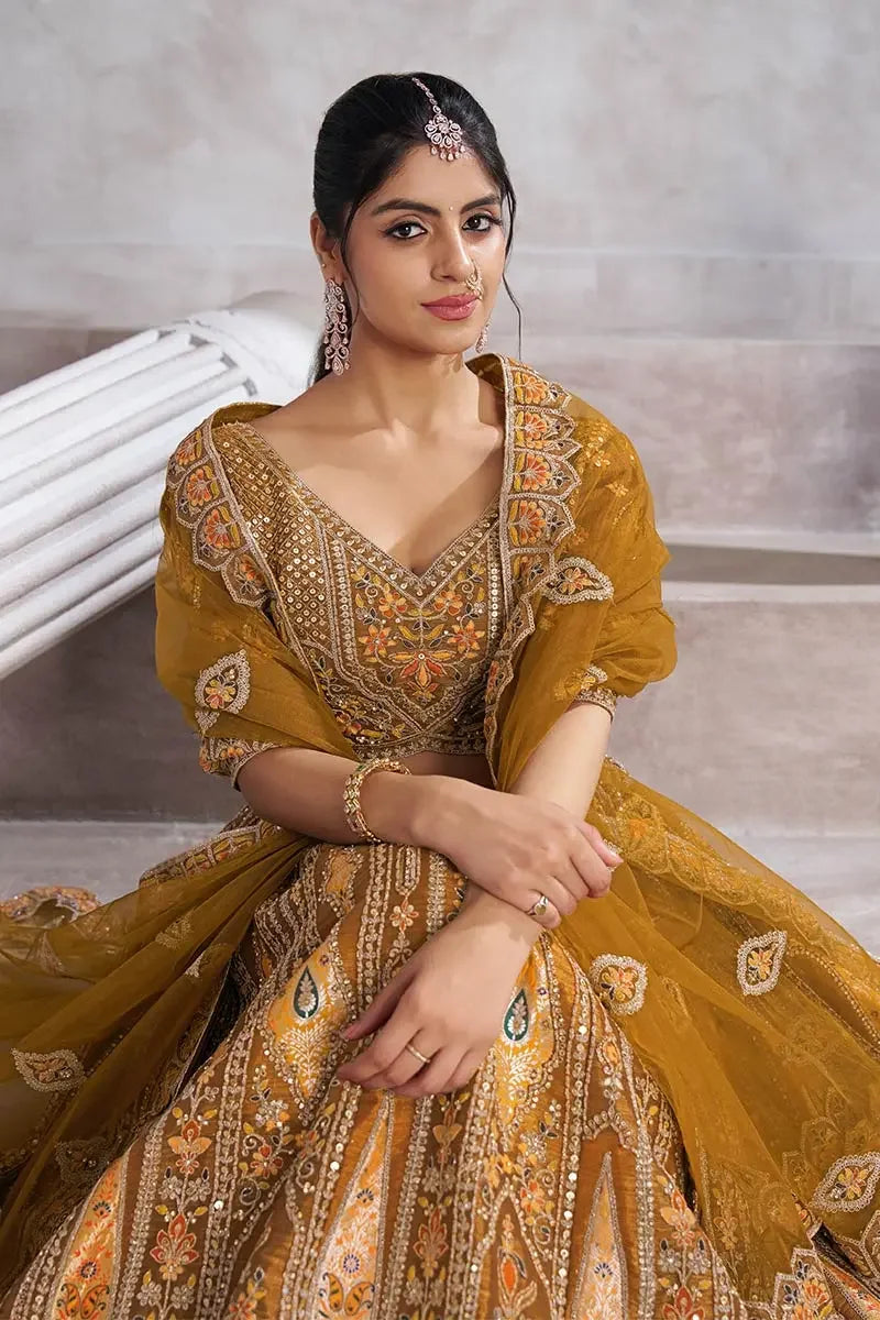 Mustard Lehenga with Aari and Sequins Work Lehenga with Dupatta for Brides