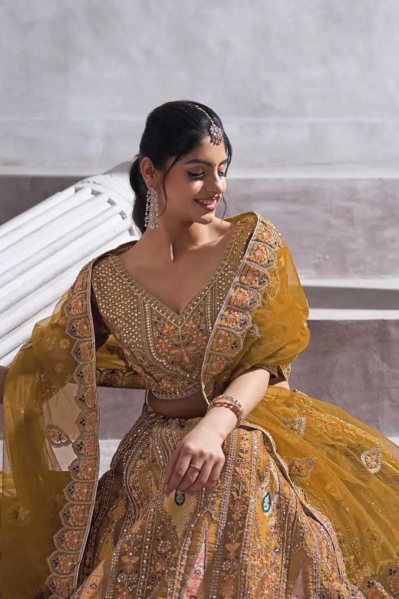 Mustard Lehenga with Aari and Sequins Work Lehenga with Dupatta for Brides