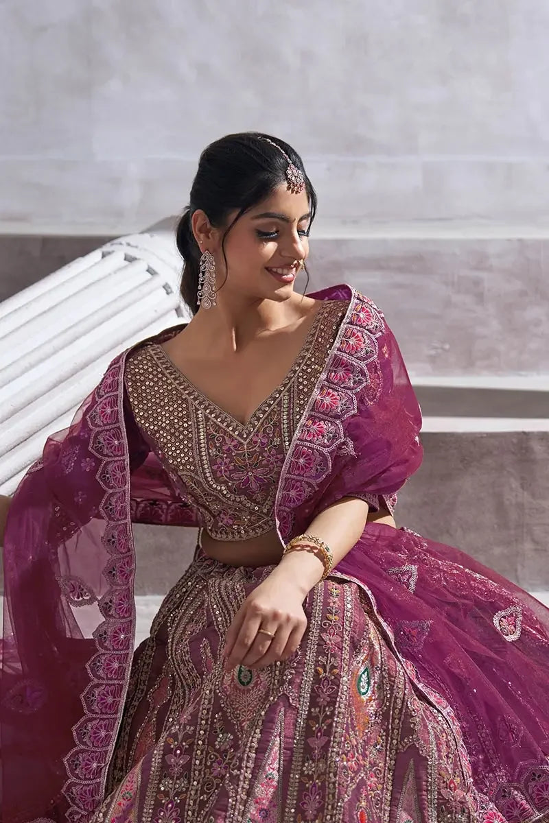 Banarasi Lehenga in Purple Aari and Sequins Work Lehenga with Dupatta for Brides