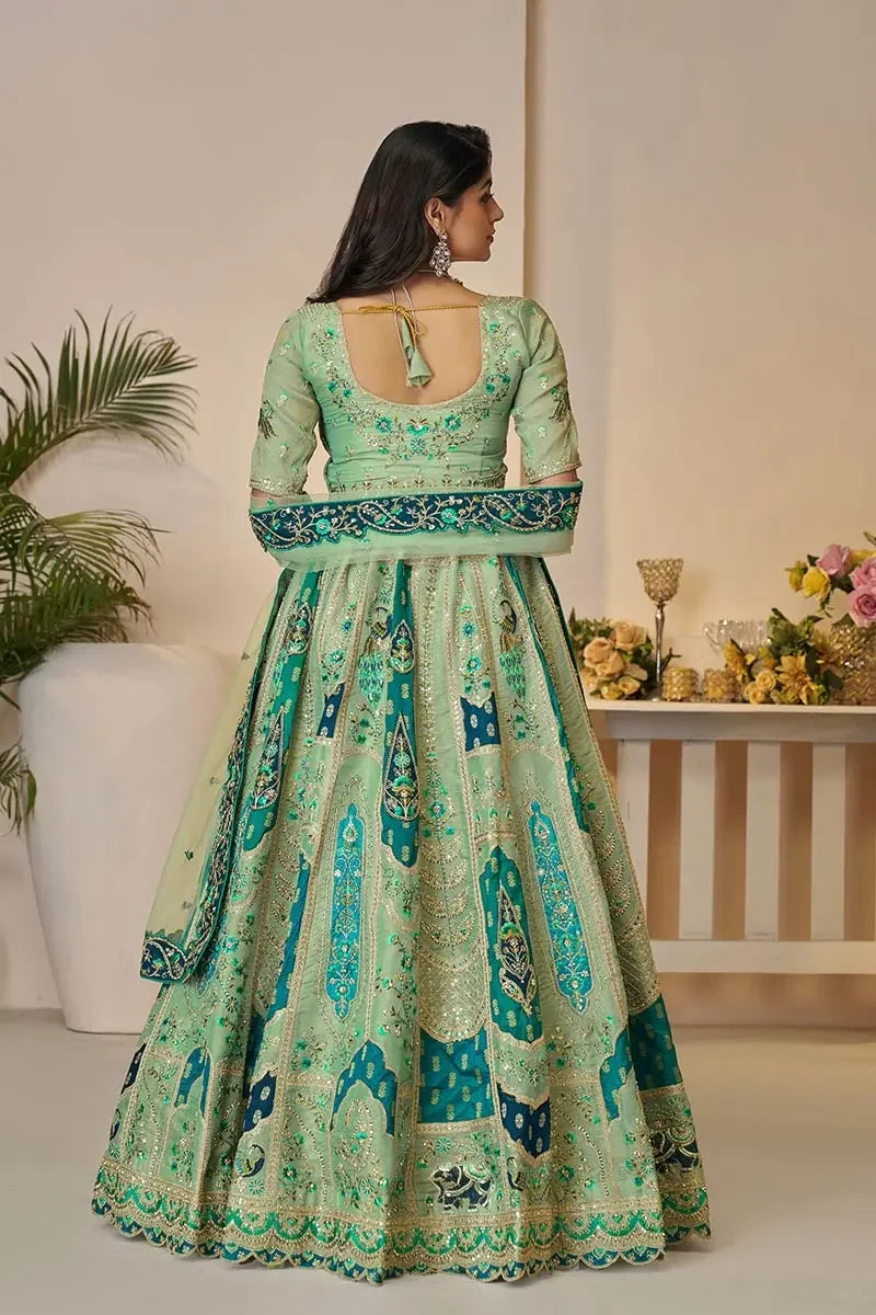Green Banarasi Silk Lehengas with Sequin & Zari Work