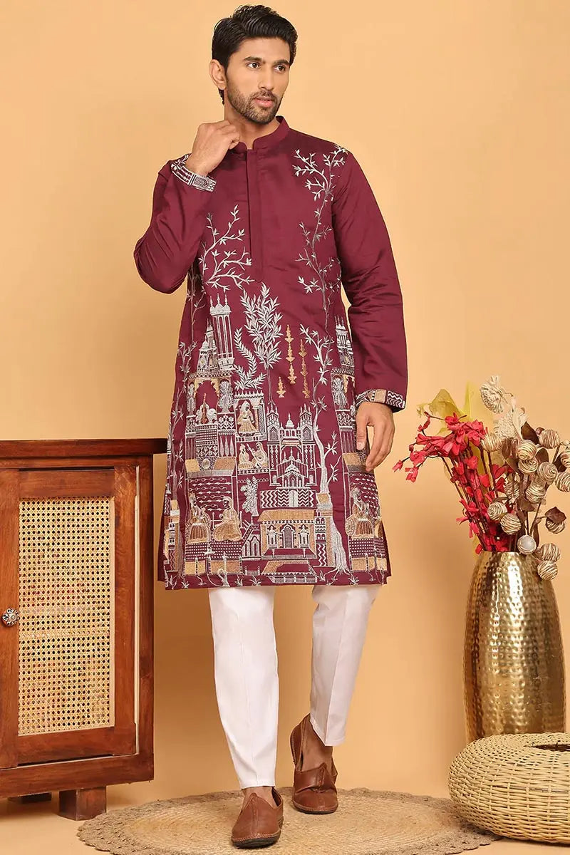 Maroon Purple Cotton Silk Embroidered Kurta Pajama Set - Traditional Wear