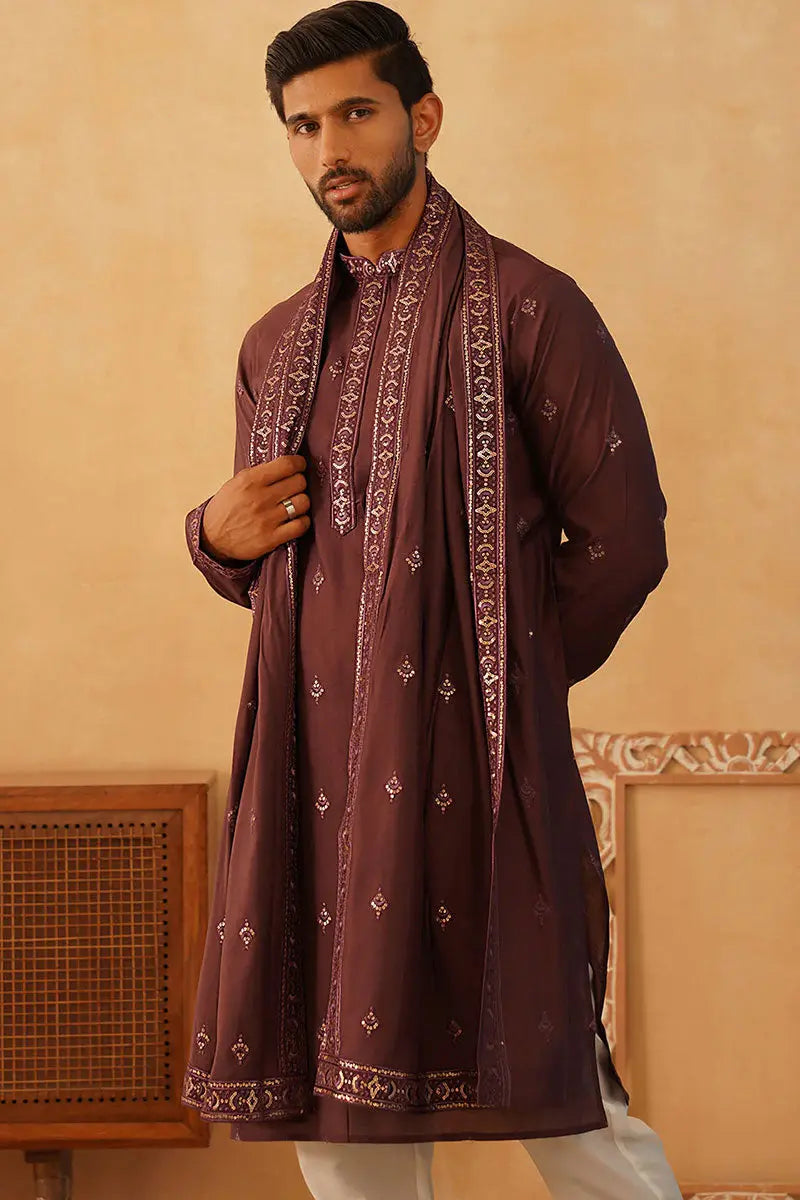 Maroon Purple Cotton Silk Sequins Embroidered Kurta Pajama Dupatta Set - Traditional Wear