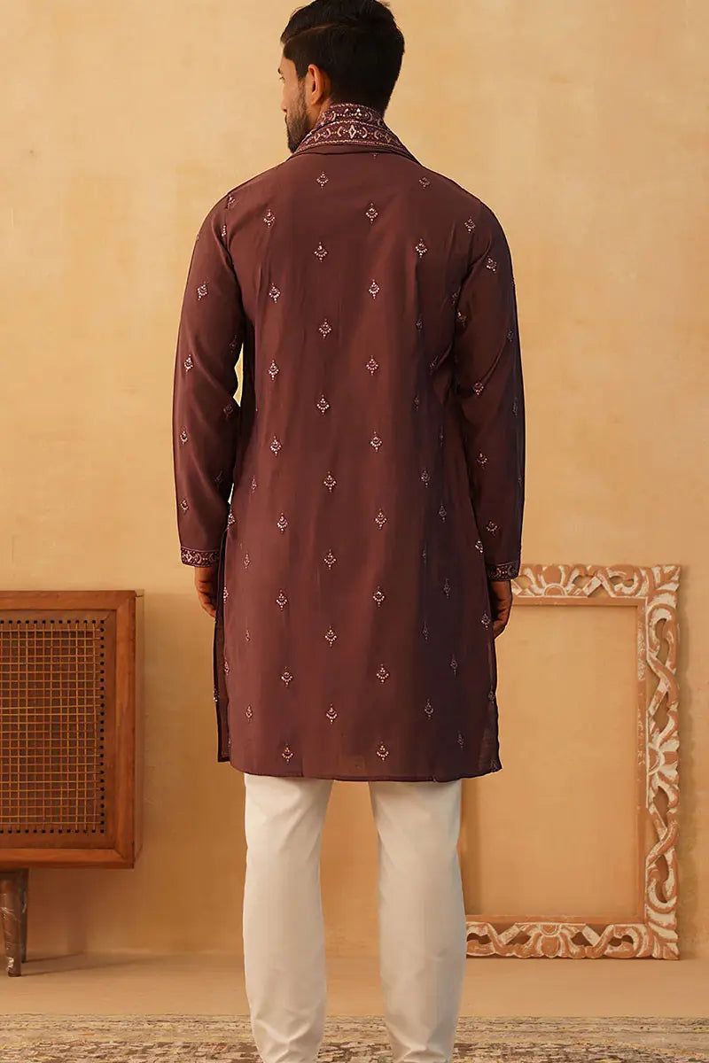 Maroon Purple Cotton Silk Sequins Embroidered Kurta Pajama Dupatta Set - Traditional Wear