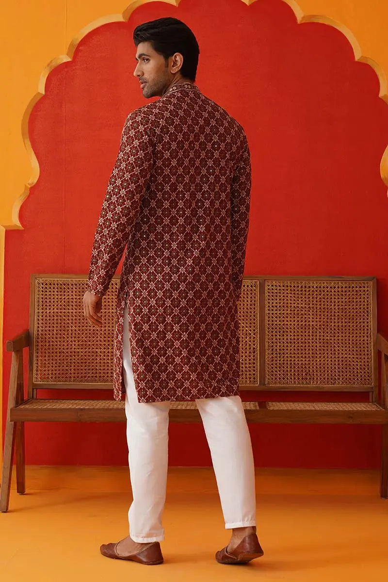 Maroon Viscose rayon Embroidered Designer Kurta Pajama Set - Traditional Wear