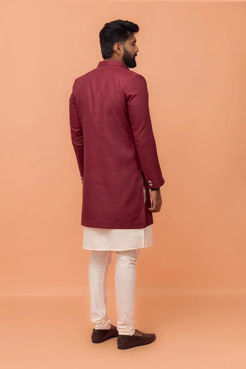 Maroon & White Indo-Western Sherwani with Gold Buttons