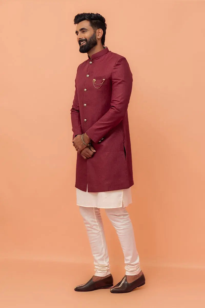 Maroon & White Indo-Western Sherwani with Gold Buttons
