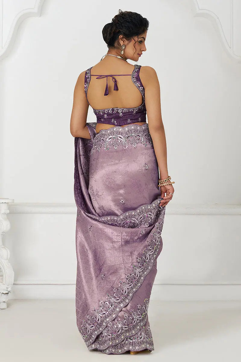 Mauve Silk Saree with Sequin Embroidery for Brides
