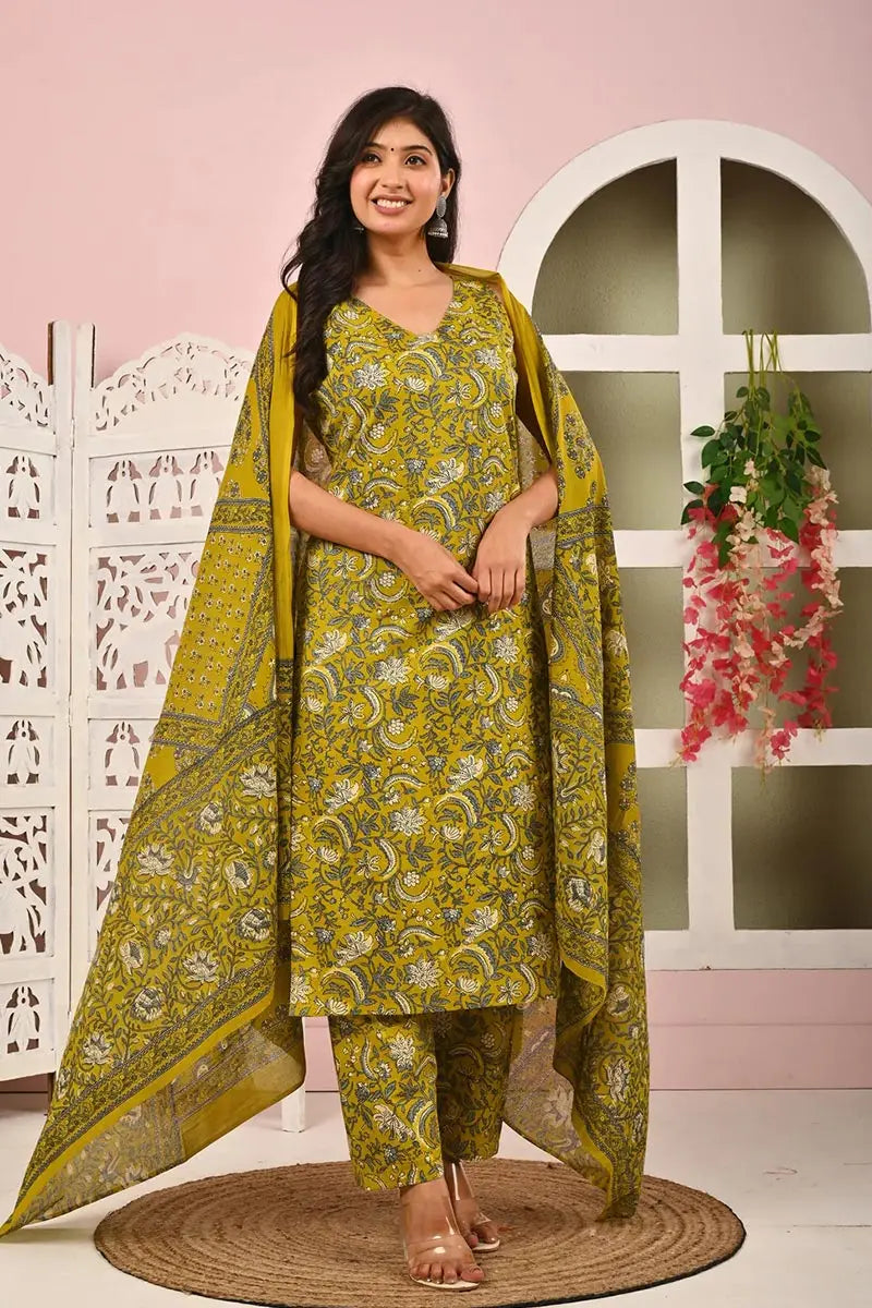 Mehendi Green Floral Printed Cotton Kurta Set with Print Dupatta