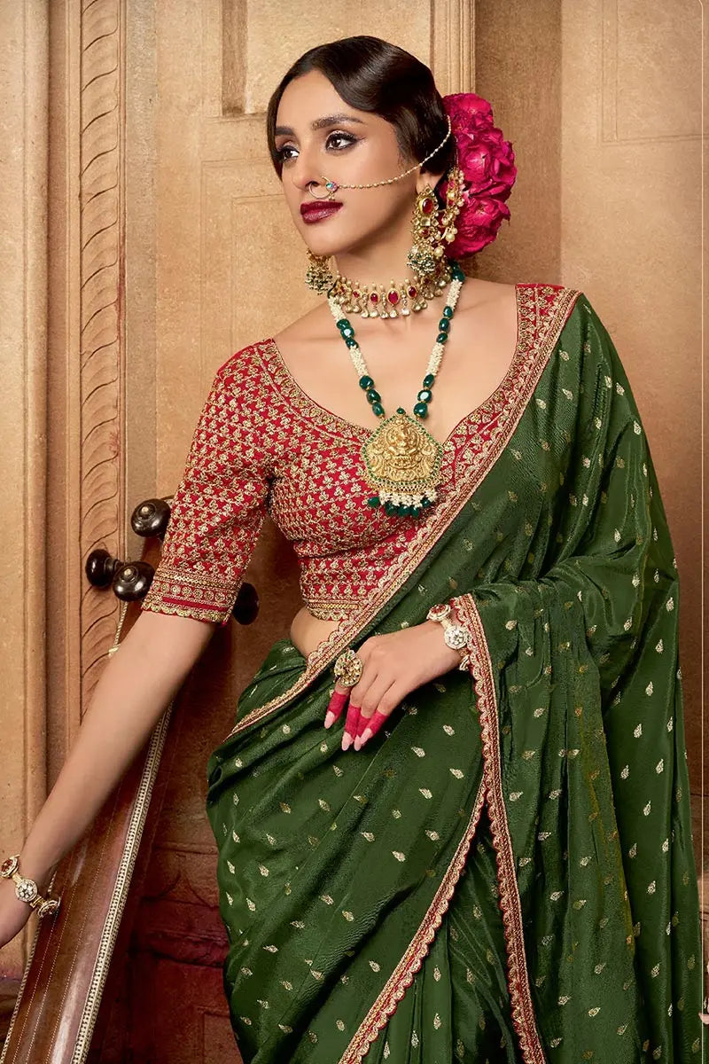 Mehendi Green Handwoven Banarasi Saree with Lemon Embroidered Blouse