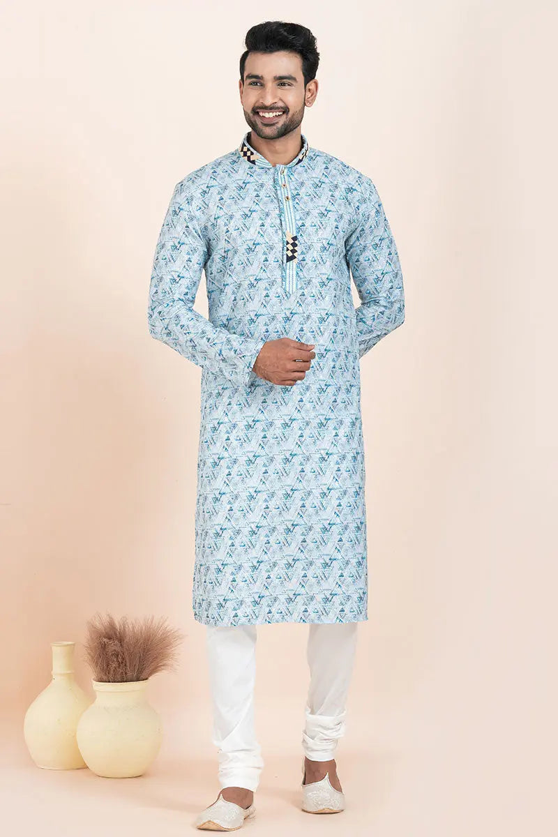 Elegant Cotton Printed Kurta Pajama Set for Men – Banarasi Silk Churidar