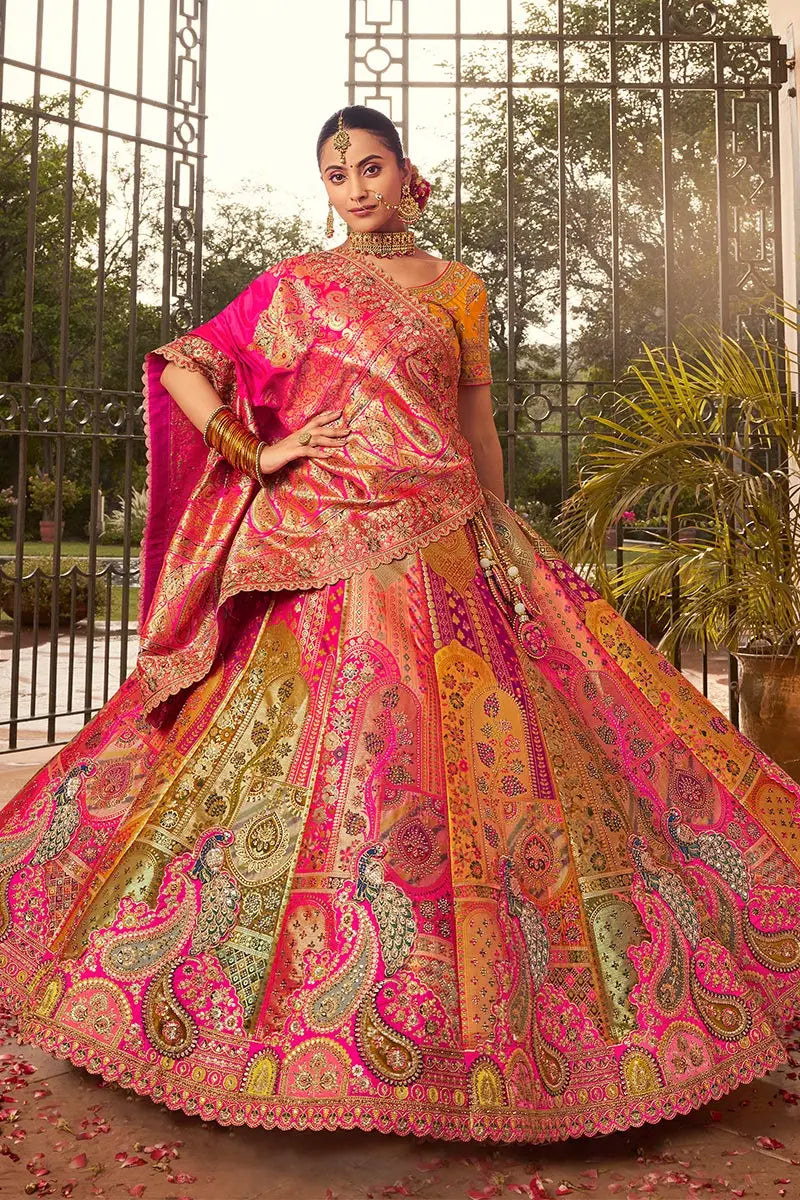 Multi color Banarasi Silk Bridal Lehenga with Rani Pink Dupatta, Zari & Mirror Work VA