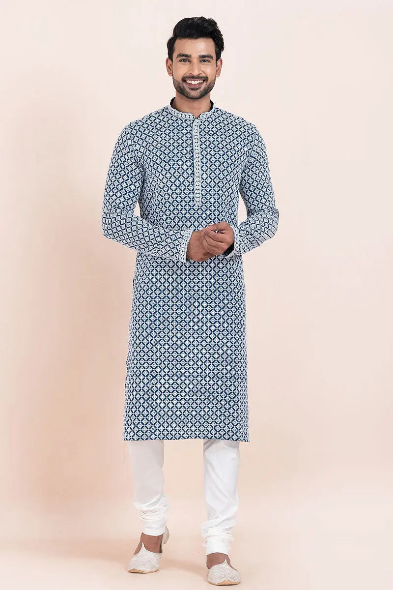 Multi-color & White Rayon Printed Kurta Pajama Set - Traditional Wear
