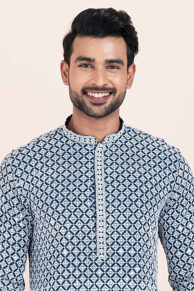 Multi-color & White Rayon Printed Kurta Pajama Set - Traditional Wear