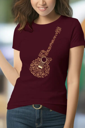 Musical Guitar Typography Print - Women's Graphic T-Shirt – Maroon - 100% Cotton Offbeat