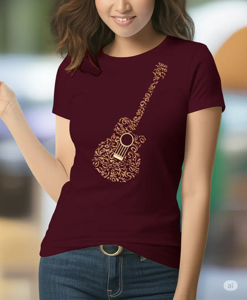 Musical Guitar Typography Print - Women's Graphic T-Shirt – Maroon - 100% Cotton Offbeat
