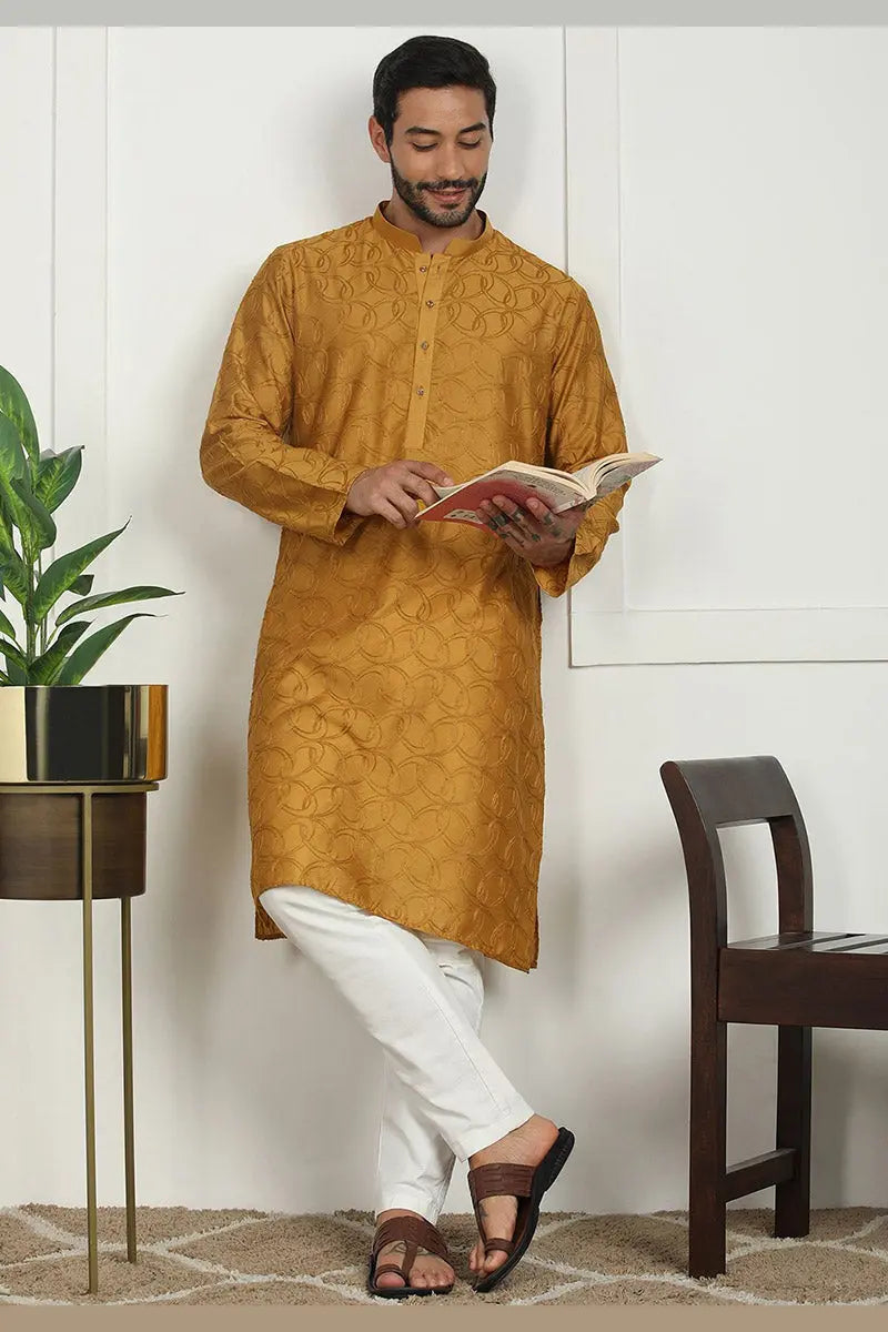 Mustard Jacquard Kurta for Men – Festive & Formal Wear