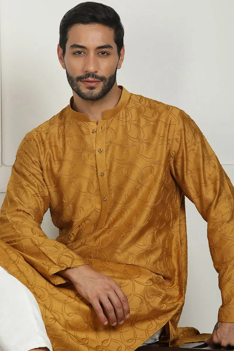Mustard Jacquard Kurta for Men – Festive & Formal Wear